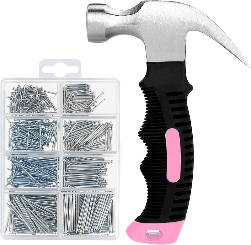 KURUI 700PCs Small Nails for Hanging Pictures & 8oz Small Hammer for Women, Pink Tool for Hanging Canvas Wall Art/Tapestry/Frame, Hardware Nails Assortment Kit for Living Room/Bedroom/Outdoor Decor - Image 1